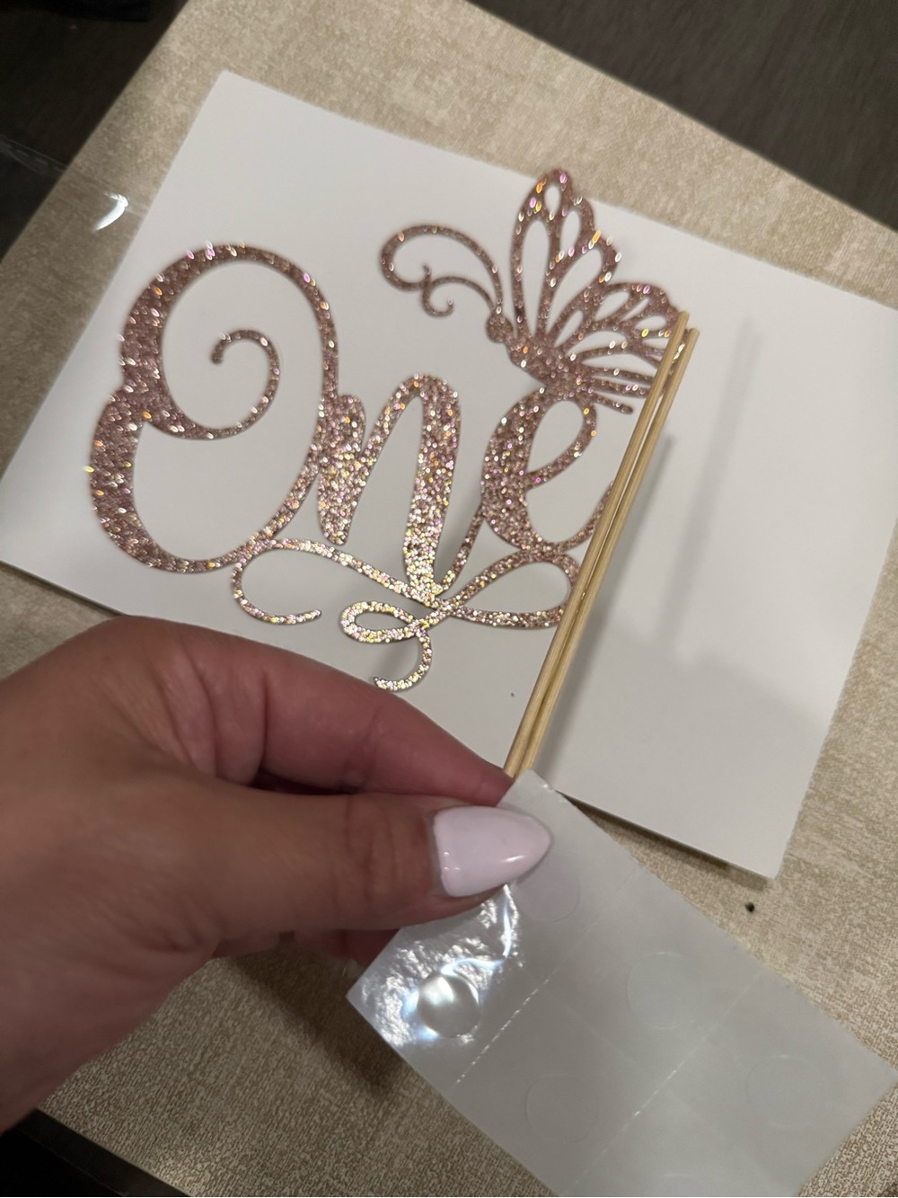 Rose Gold Glitter "One" Cake Topper with Butterfly Accent